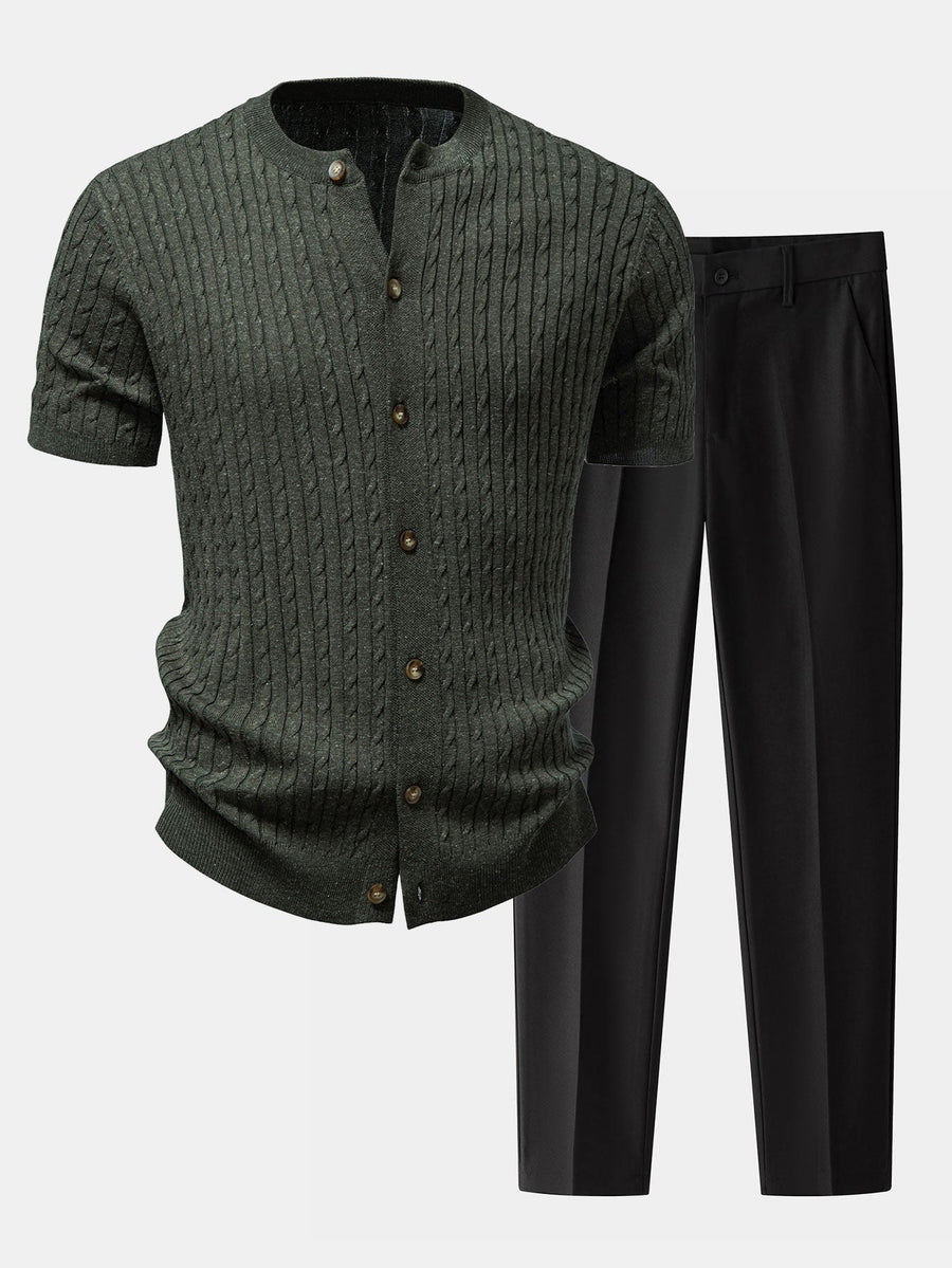 Twisted Jacquard Crew Neck Button Up Knit Shirt & Slim Fit Tapered Trousers