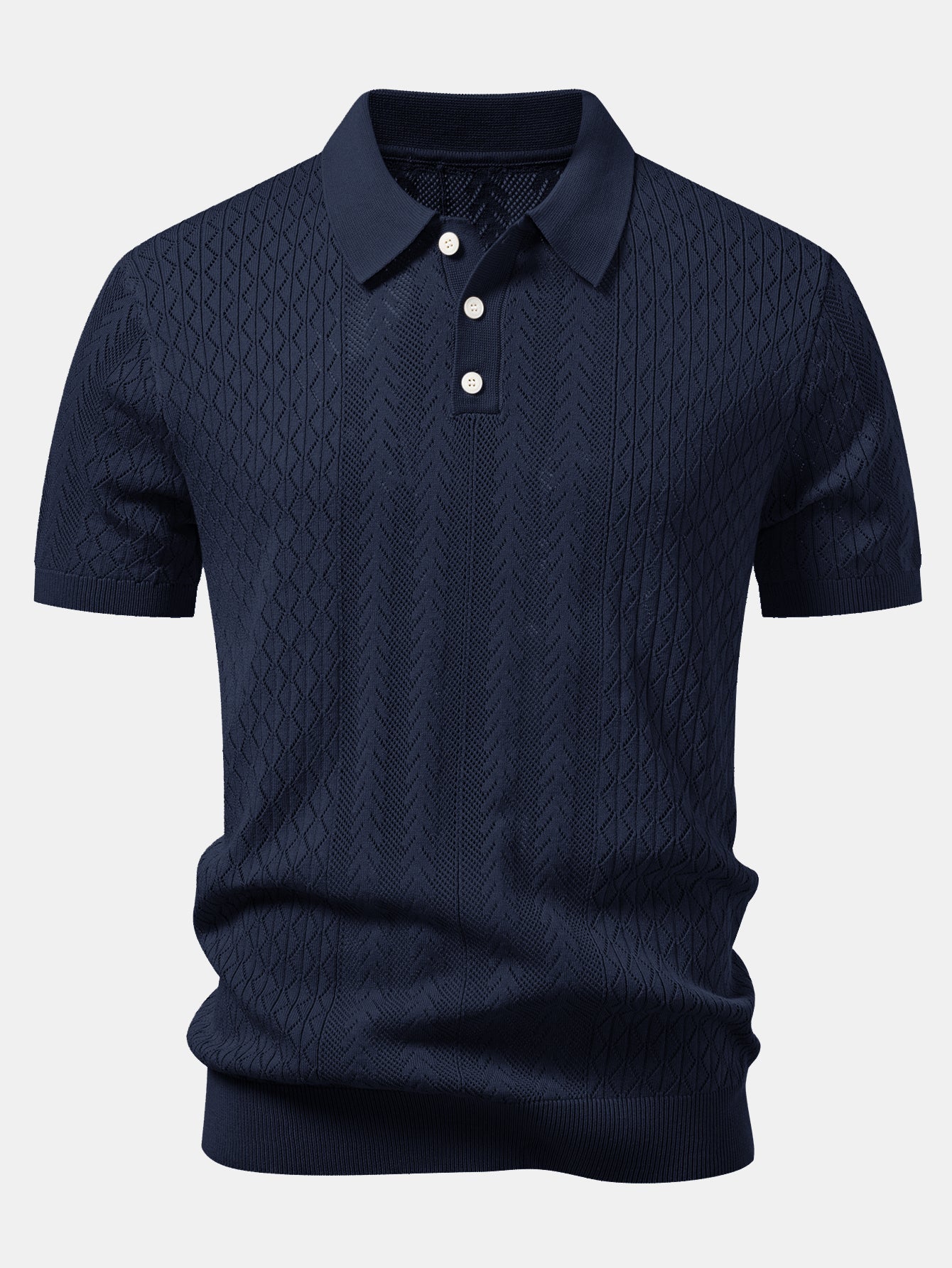 Geometric Jacquard Open Knit Polo & Crinkle Textured Straight Leg Pants