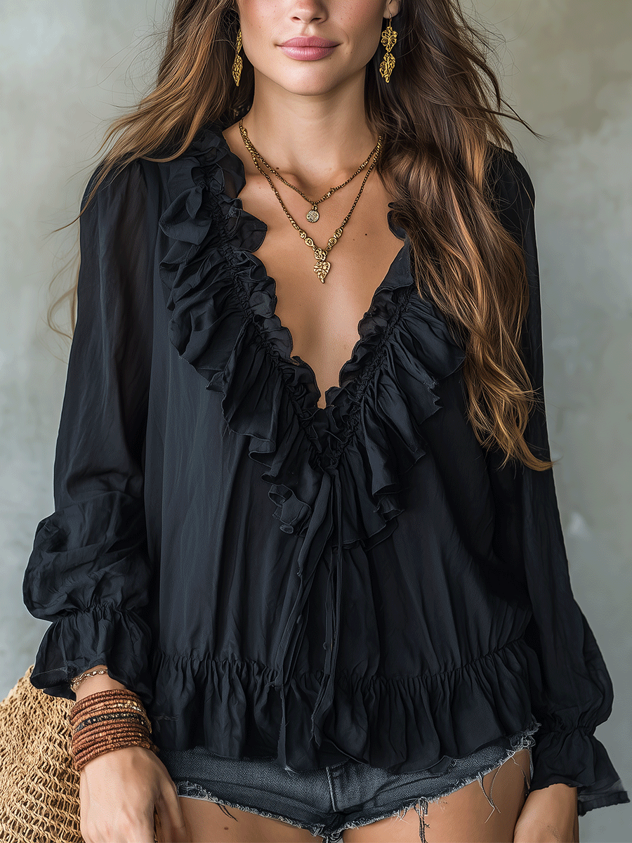 Romantic Bohemian Ruffle Trim V-Neck Lightweight Black Blouse