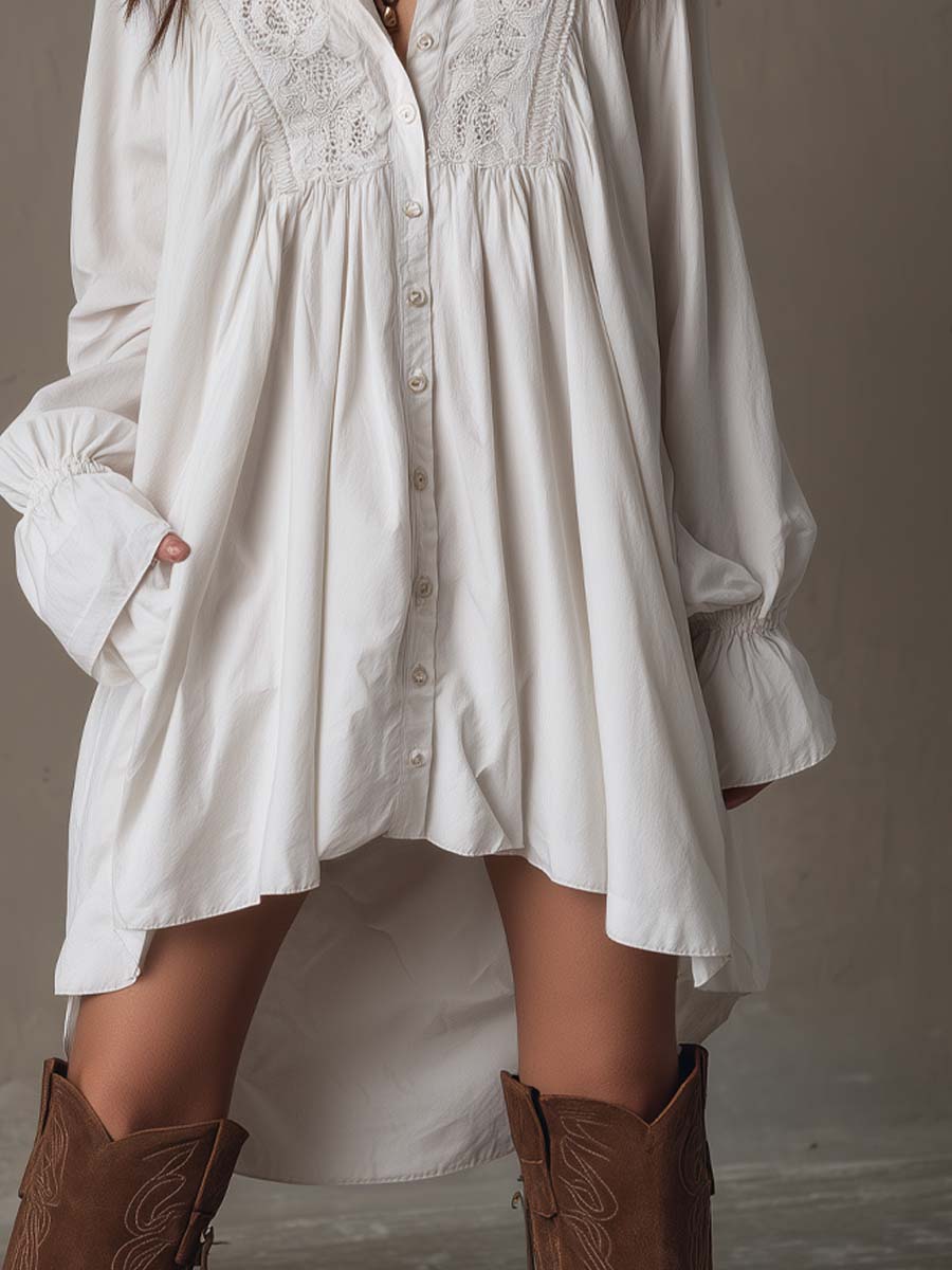 Retro Lace Irregular Hem Long Sleeve Mini Dress