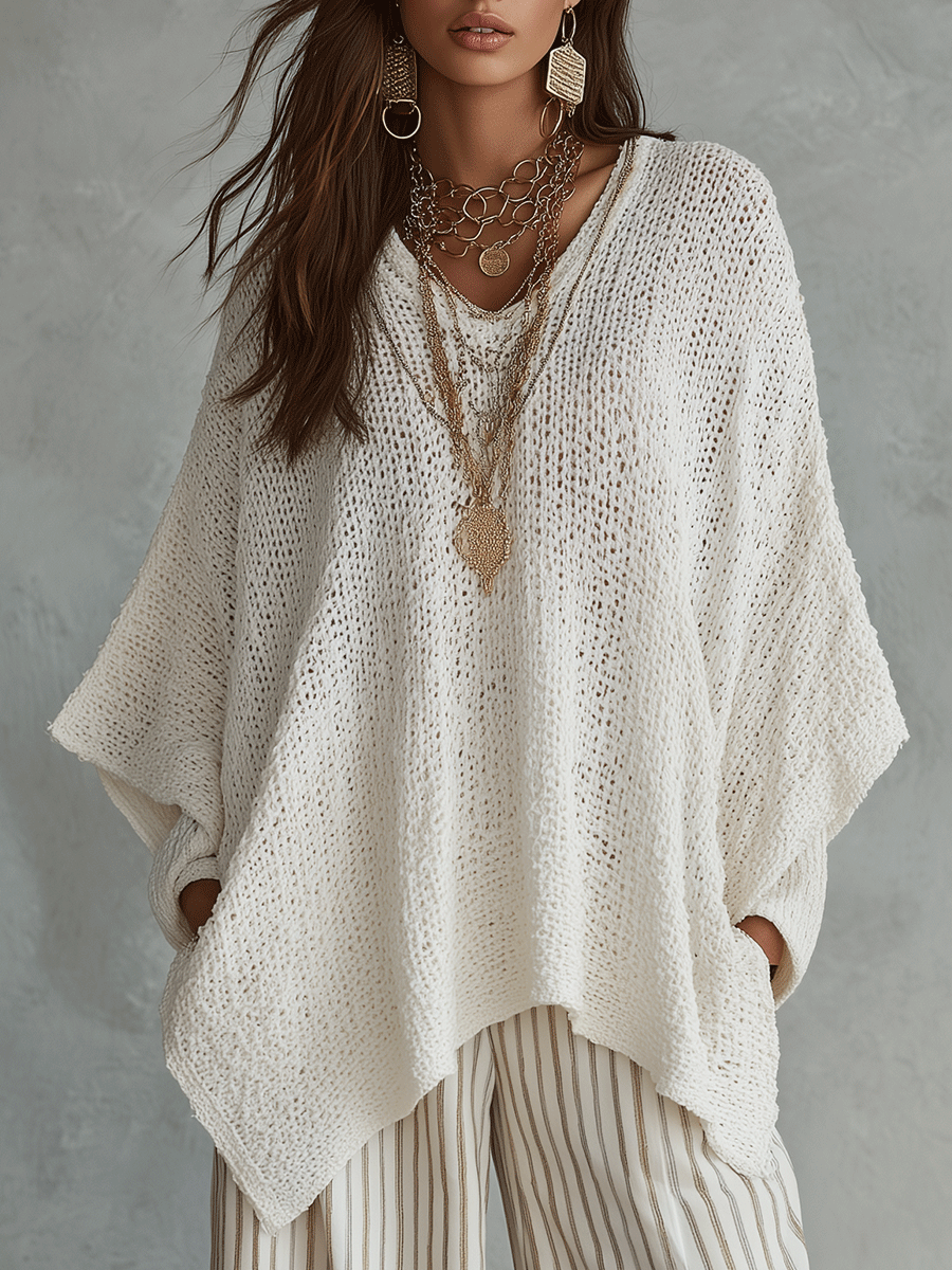 Effortless Neutral Bohemian Pullover Knit Top