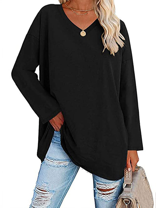 Long Sleeve Loose See-Through Solid Color Split-Joint V-Neck T-Shirts