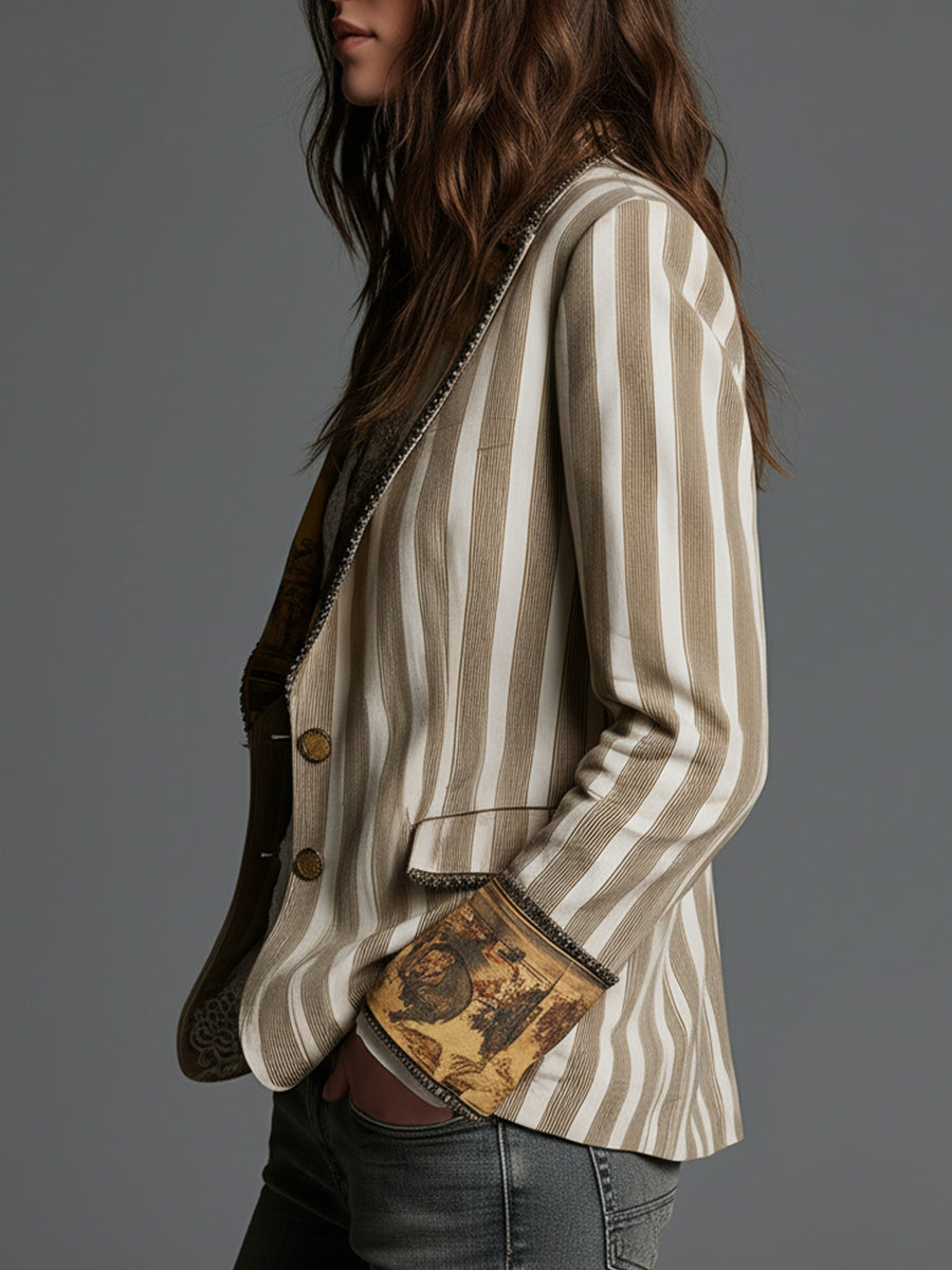 Bohemian Striped Cotton Blazer With Printed Lapels (Khaki Sold out!)