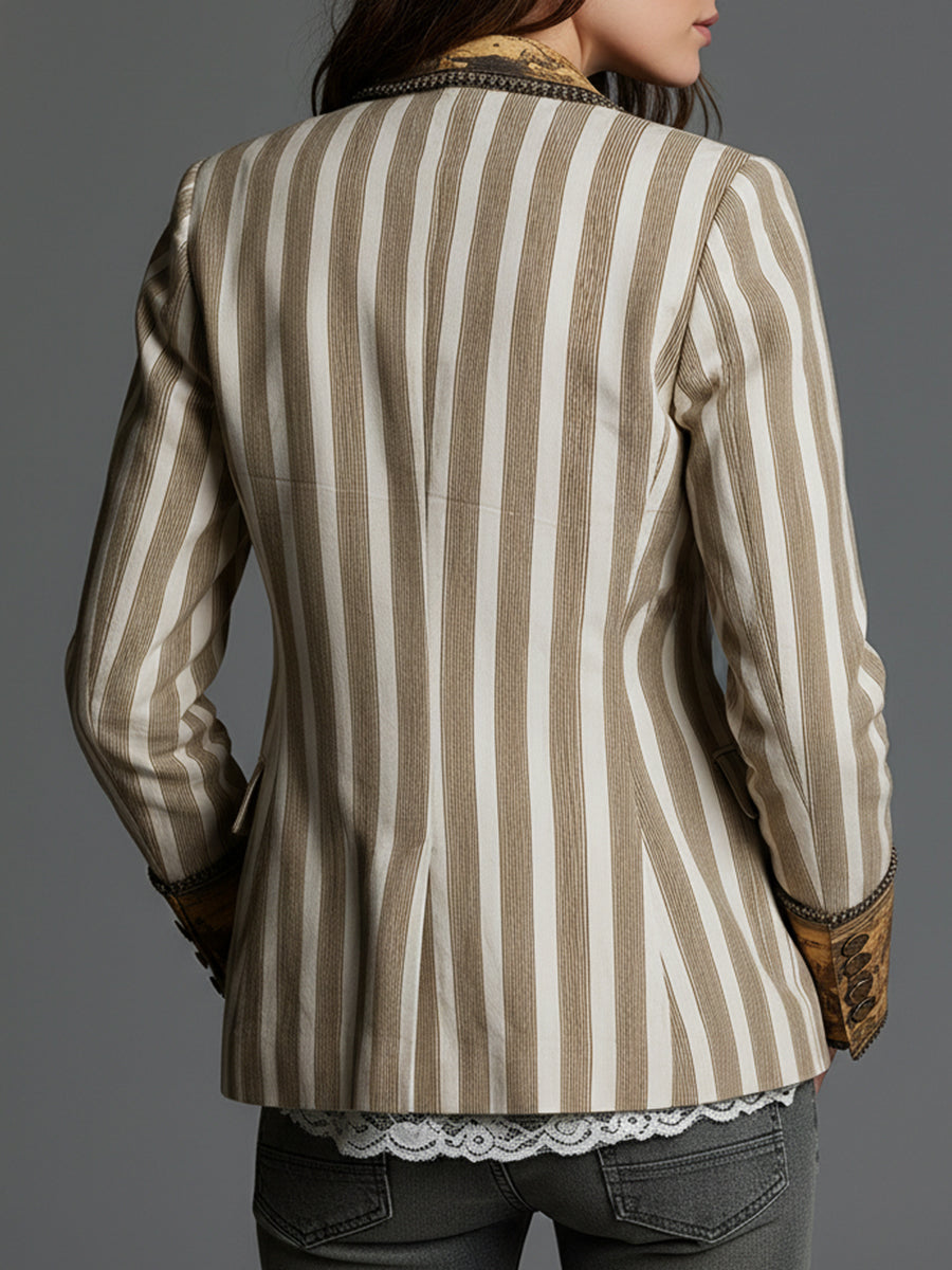 Bohemian Striped Cotton Blazer With Printed Lapels (Khaki Sold out!)