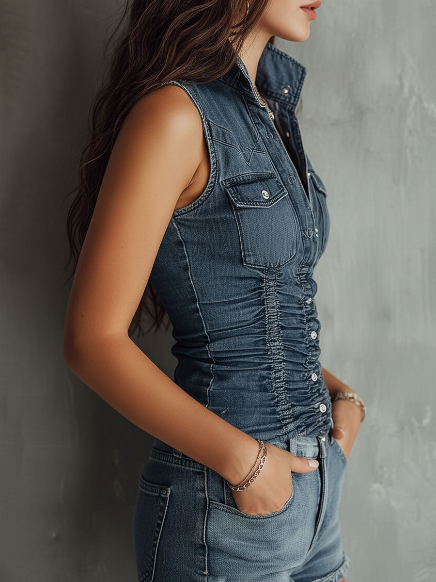 Retro Blue Ruched Denim Sleeveless Shirt