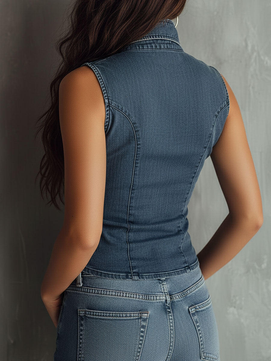 Retro Blue Ruched Denim Sleeveless Shirt