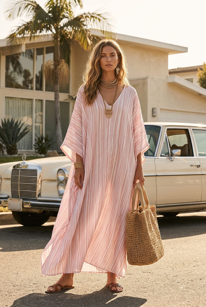 Bohemian-style Soft Pink Striped Kaftan Dress