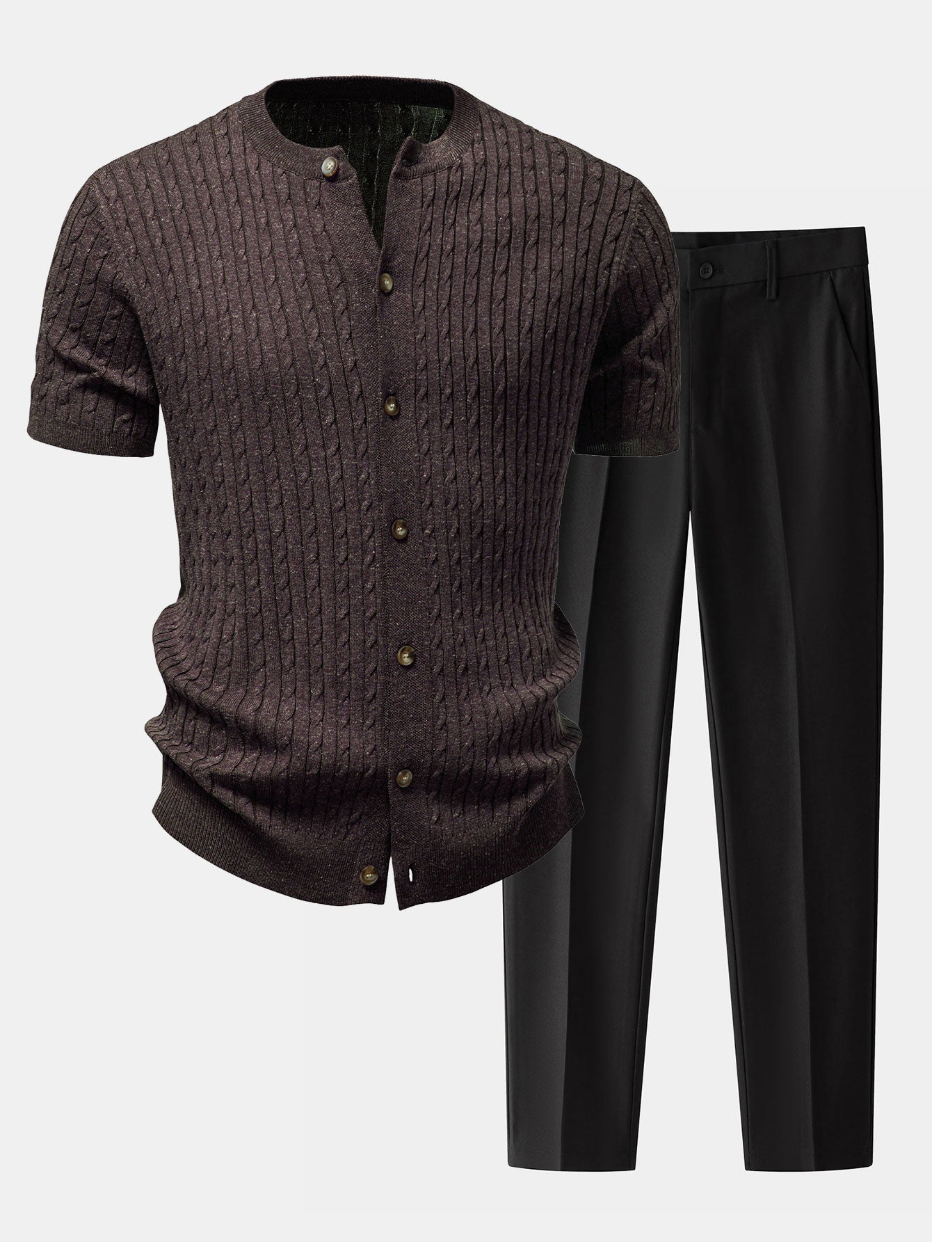 Twisted Jacquard Crew Neck Button Up Knit Shirt & Slim Fit Tapered Trousers