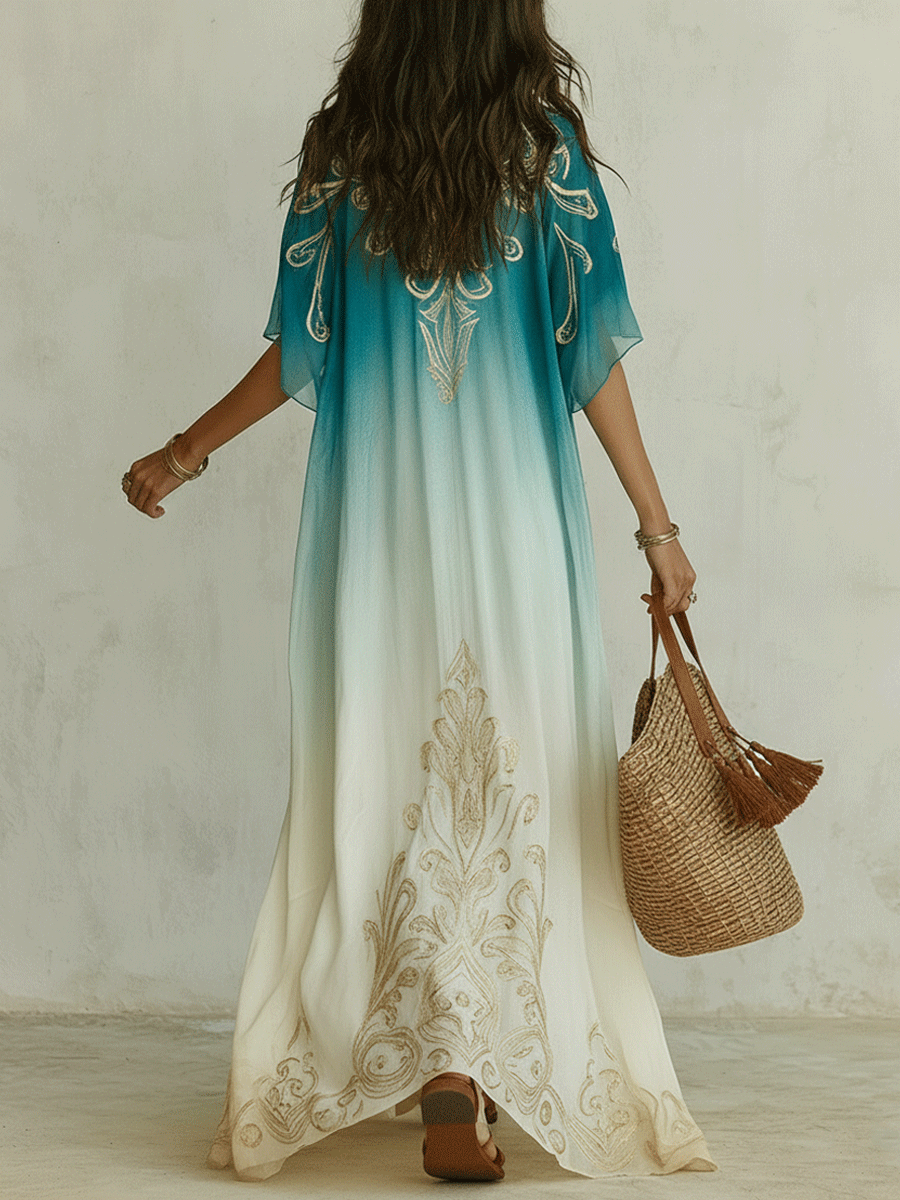 Elegant Coastal Breeze Aqua Ombre Kaftan Maxi Dress