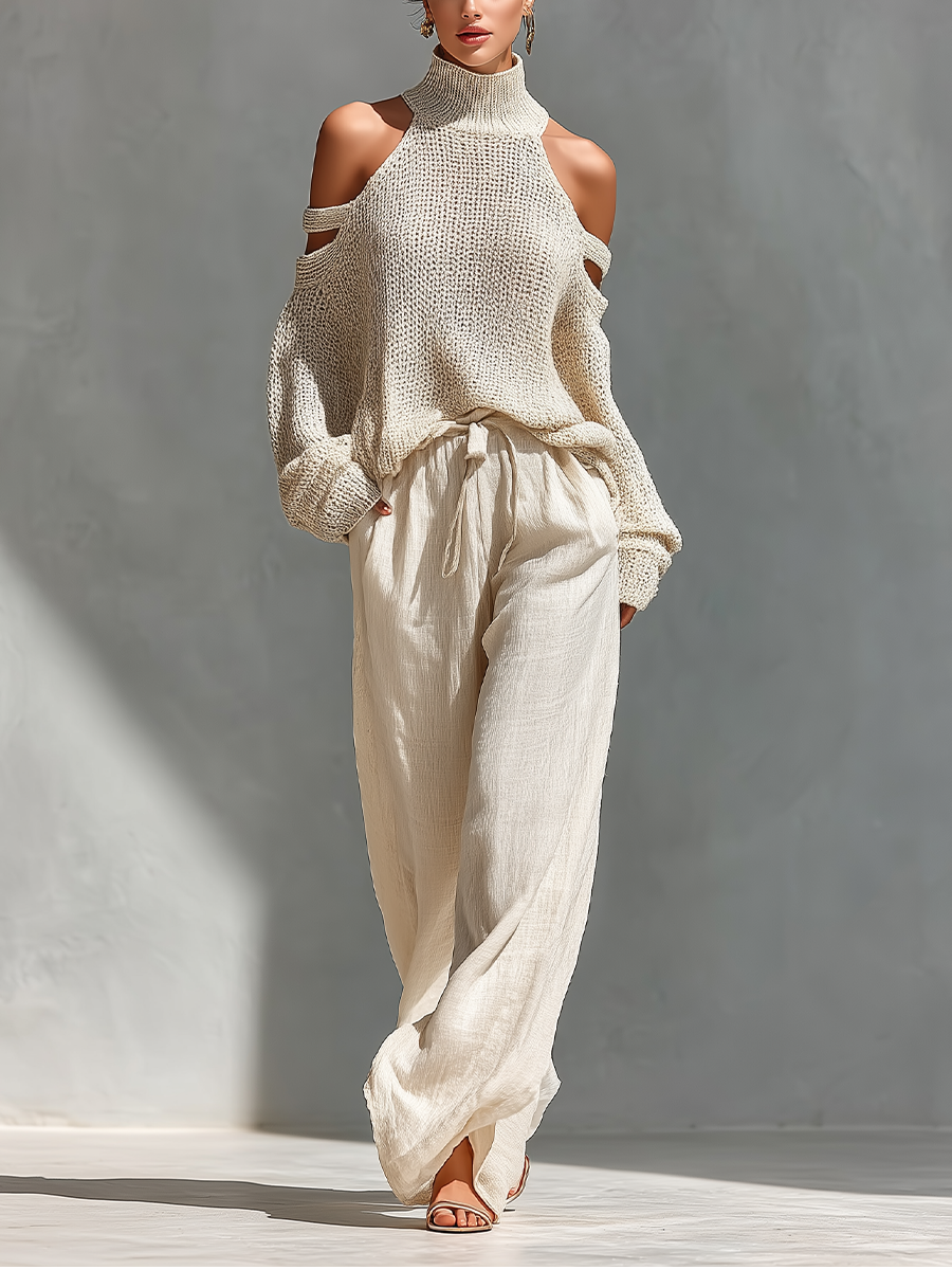 MARIA |  Knit Fabric Cold-Shoulder Turtleneck Top & Wide-Leg Pants Set