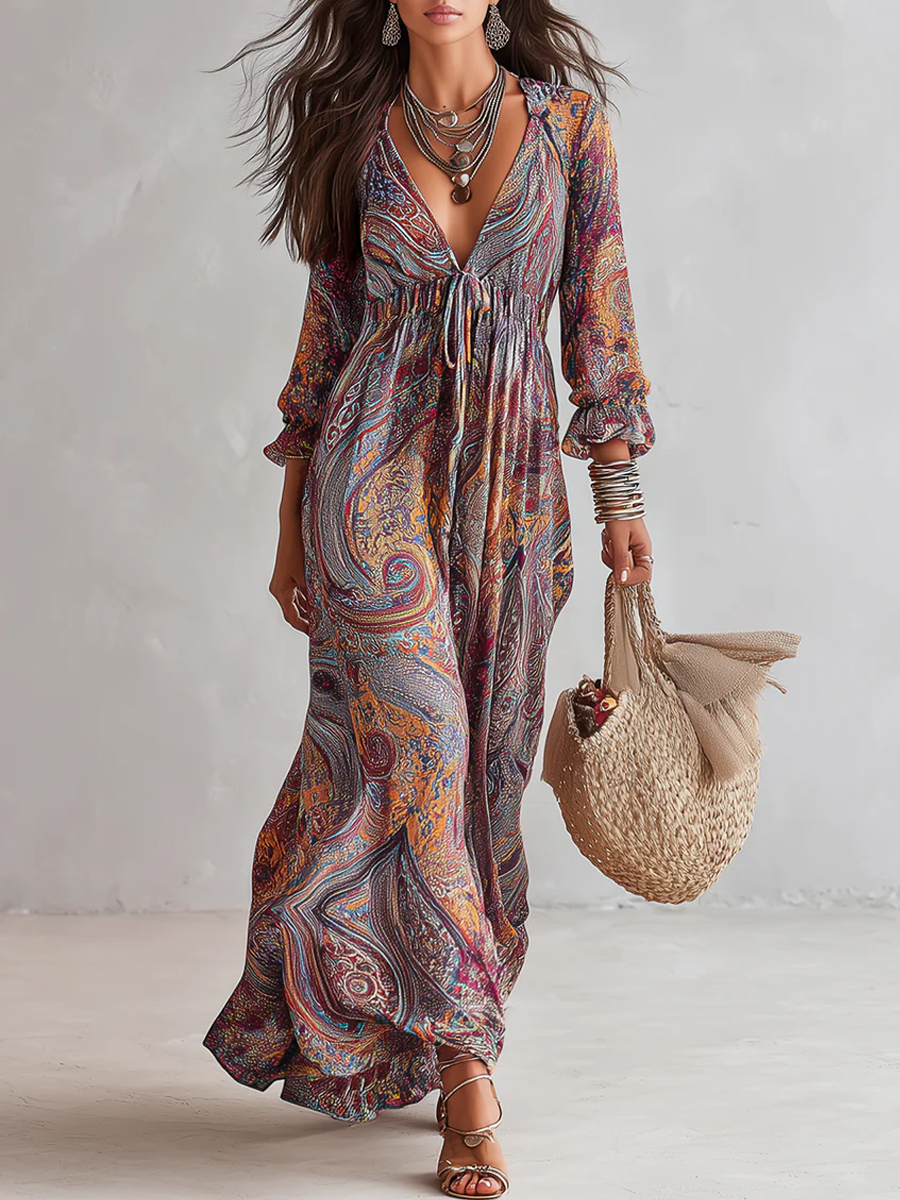 Vintage Paisley Print V neck Dress With Tie Waist