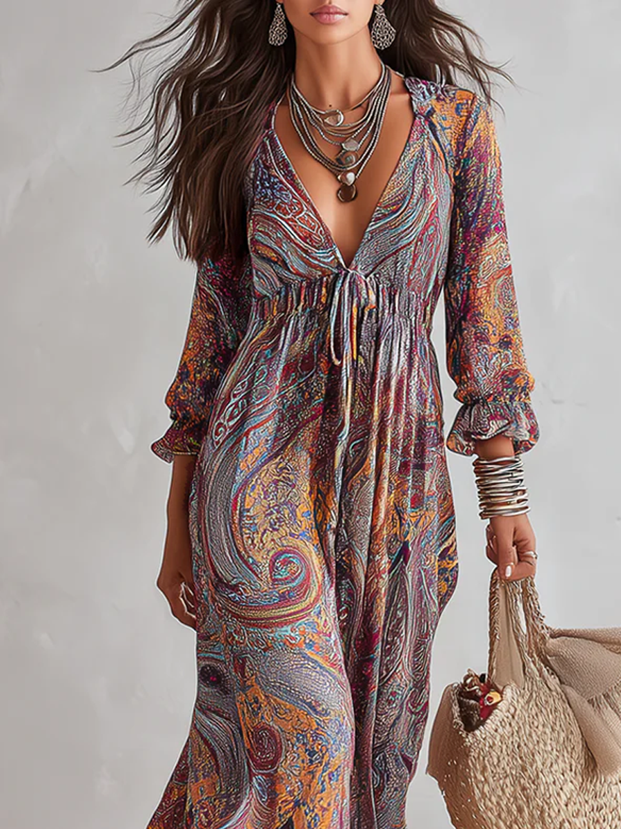 Vintage Paisley Print V neck Dress With Tie Waist