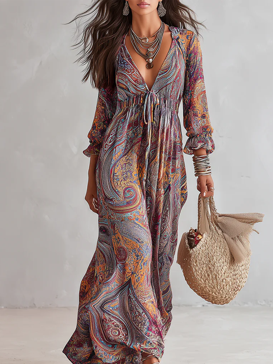 Vintage Paisley Print V neck Dress With Tie Waist
