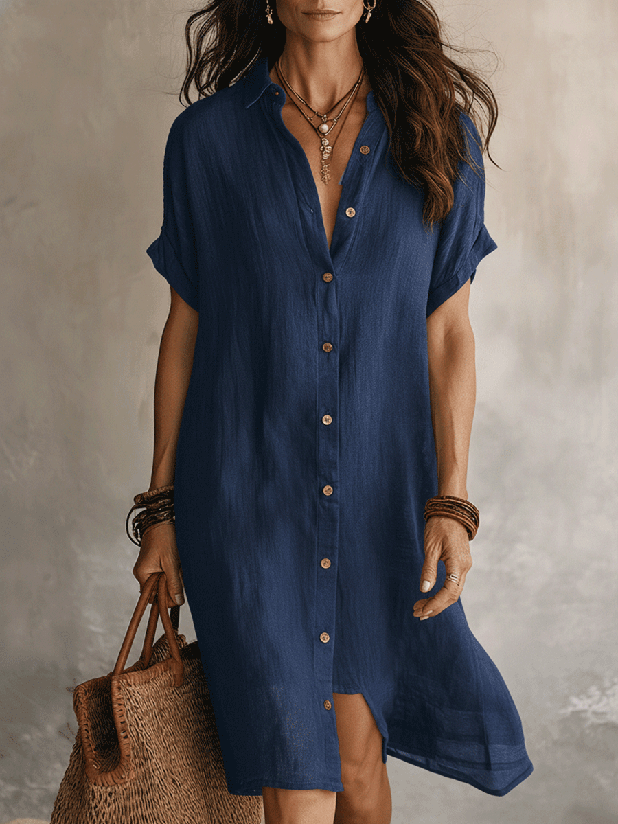 Céleste | Linen Cotton Button Midi Shirt Dress