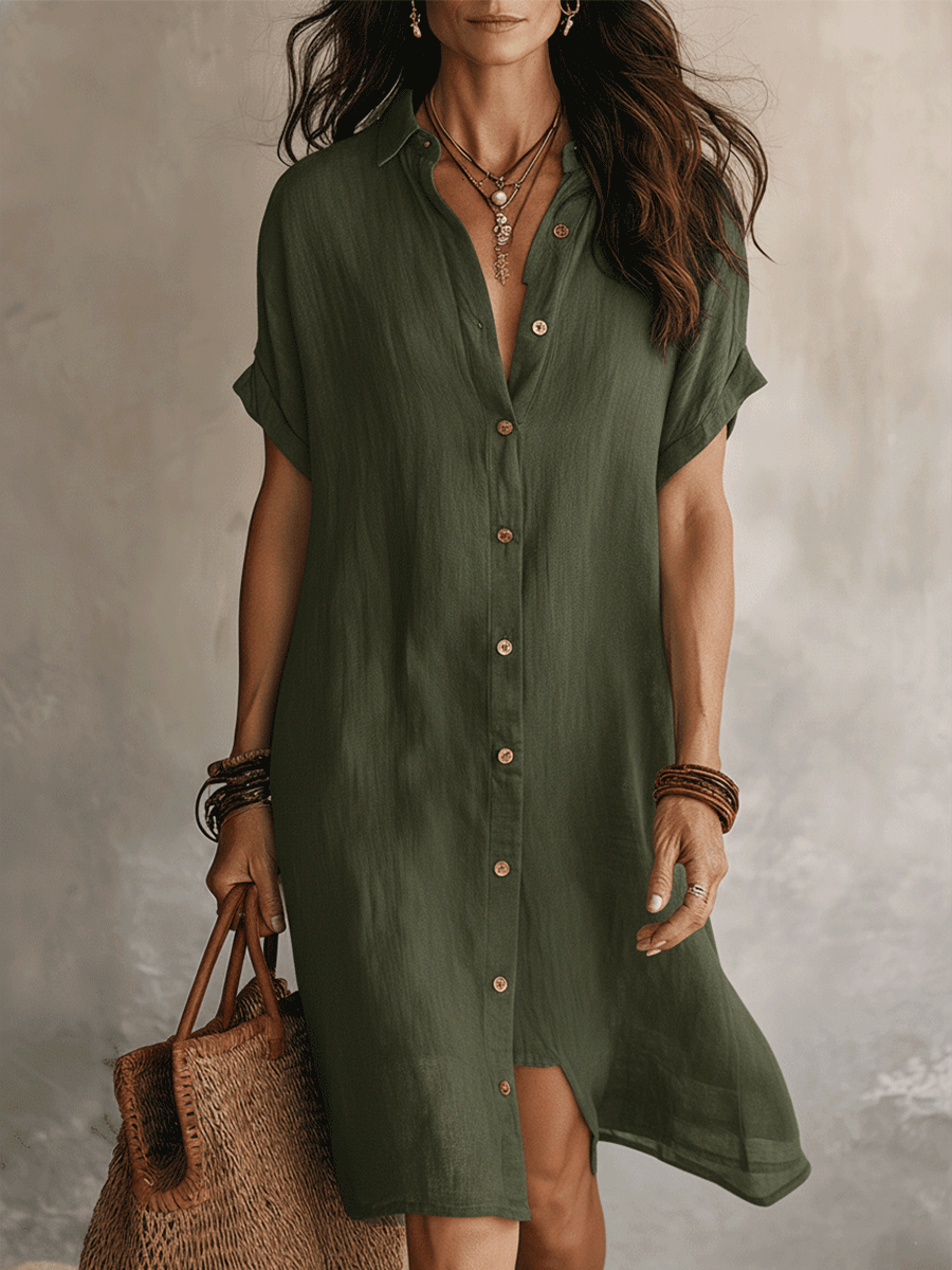 Céleste | Linen Cotton Button Midi Shirt Dress