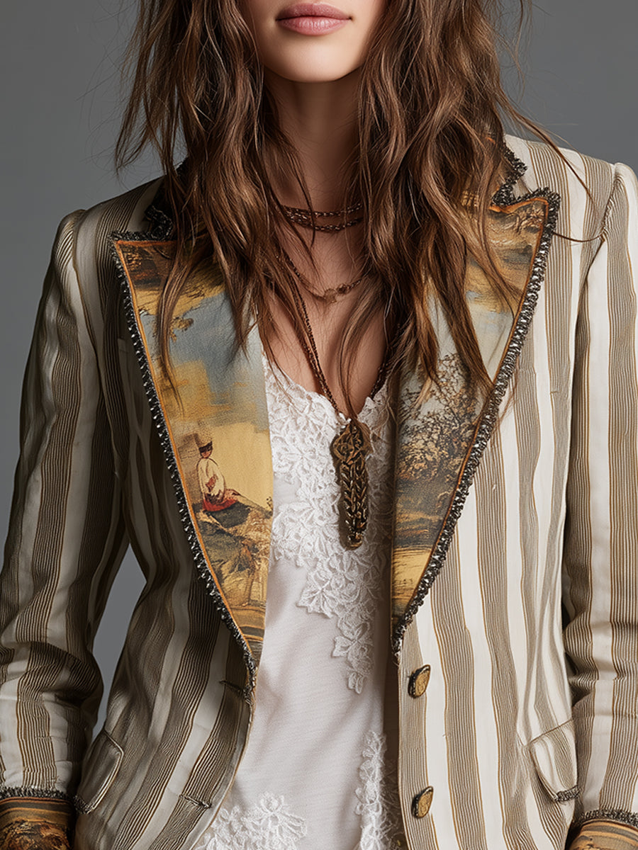 Bohemian Striped Cotton Blazer With Printed Lapels (Khaki Sold out!)