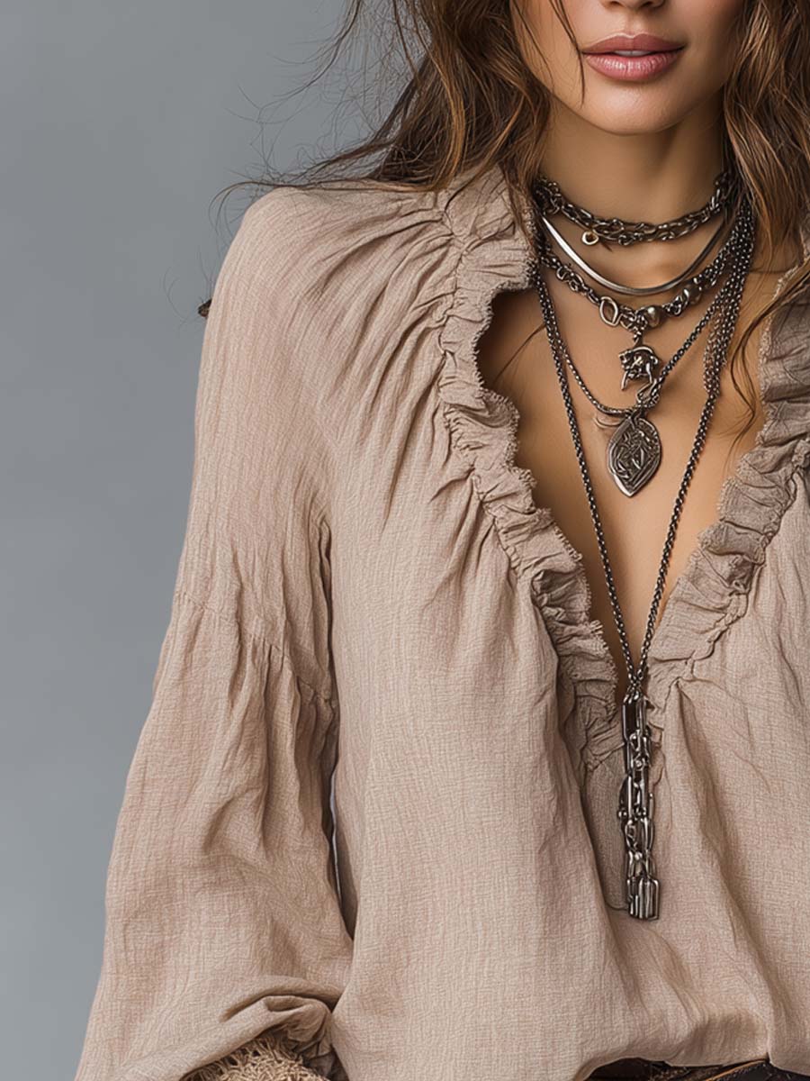 Easy-to-wear Ruffled Pleated Collar Cotton Linen Blouse