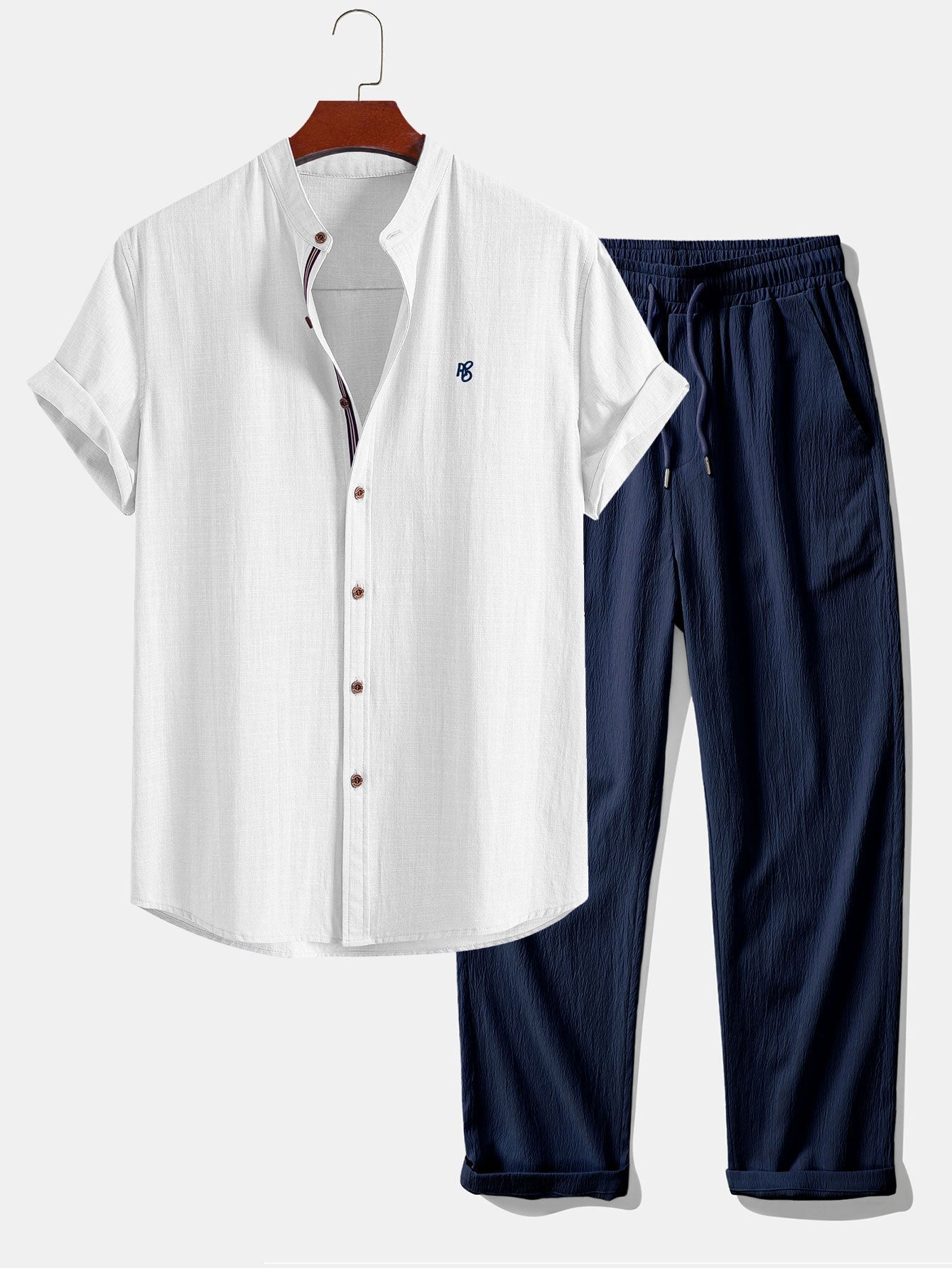 Short Sleeve Linen Look Stand Collar Shirt & Crinkle Textured Straight Leg Pants