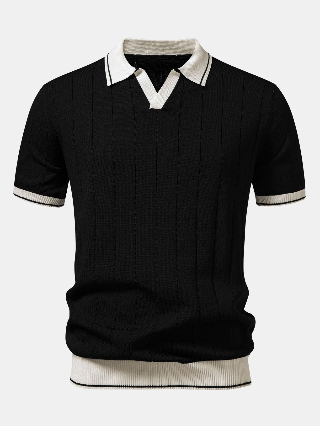 Contrast Trim Ribbed Johnny Collar Knit Polo & Elastic Waist Straight Leg Trousers
