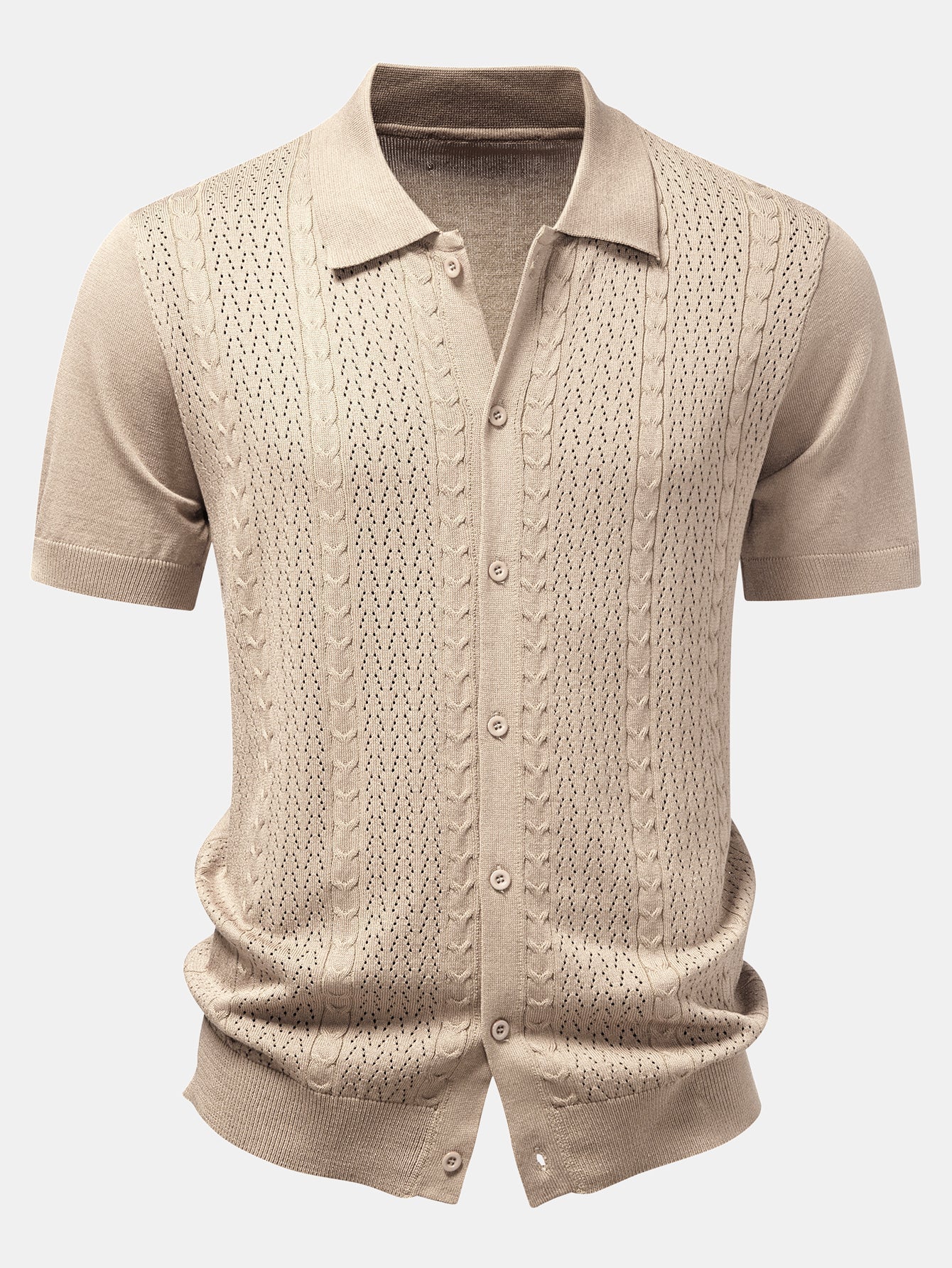 Twisted Jacquard Button Up Knit Shirt & Crinkle Textured Drawstring 5" Shorts