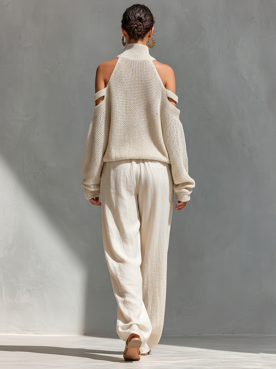 MARIA |  Knit Fabric Cold-Shoulder Turtleneck Top & Wide-Leg Pants Set