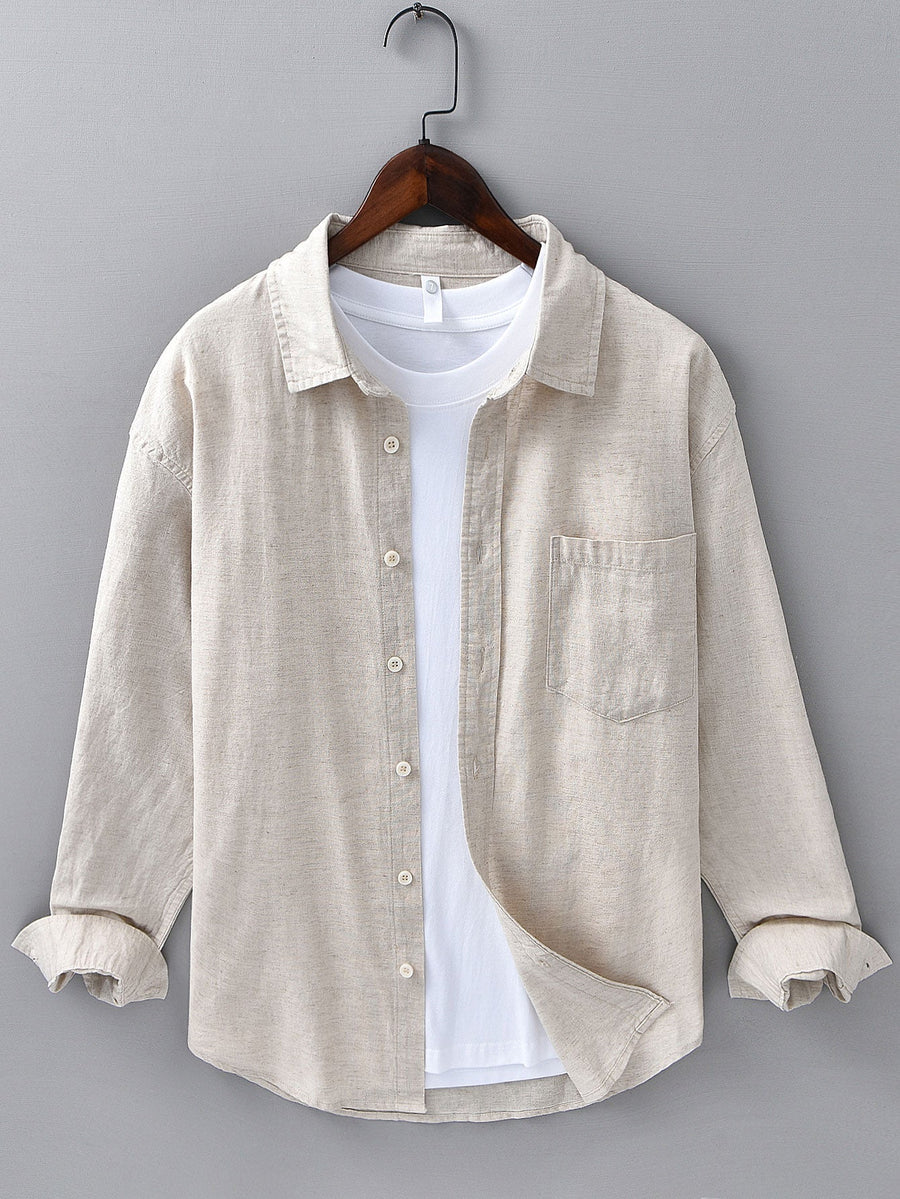 Long Sleeve Linen and Cotton Shirt with Pocket