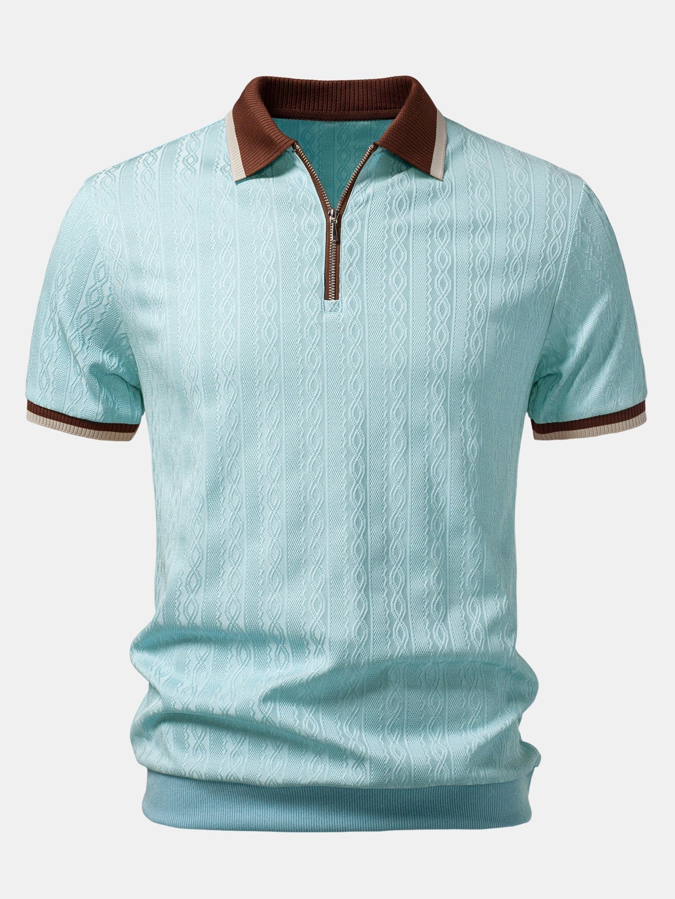 Contrast Trim Textured Zipper Knit Polo & Slim Fit Tapered Trousers