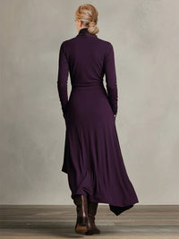 Purple High-Neck Draped Asymmetrical Maxi Dress