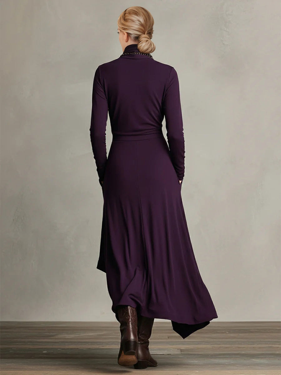 Purple High-Neck Draped Asymmetrical Maxi Dress