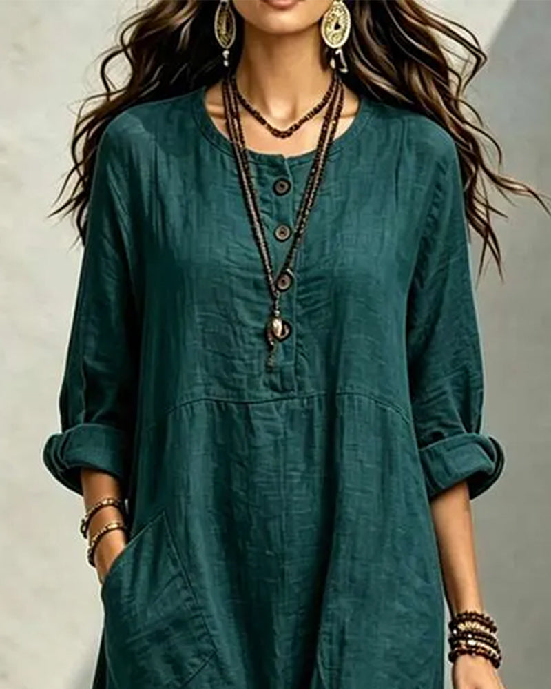 Round Neck Button Pocket Dress