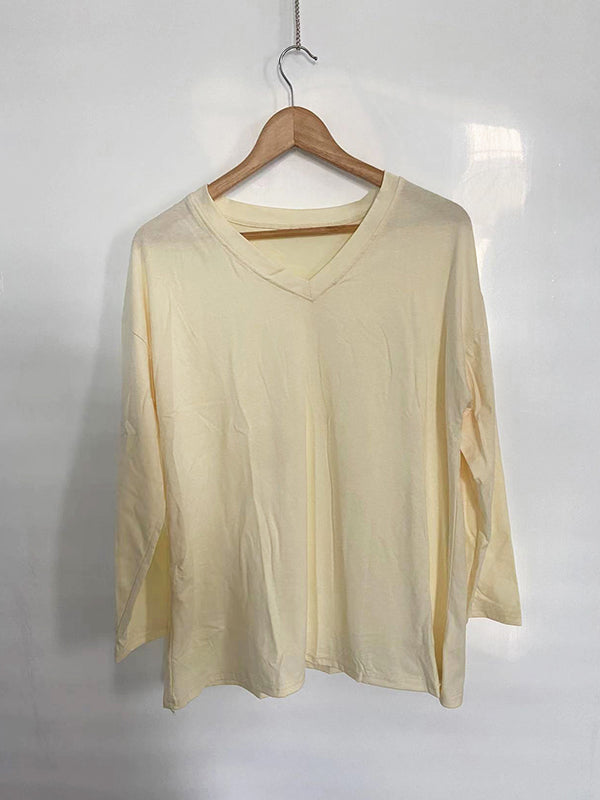 Long Sleeve Loose See-Through Solid Color Split-Joint V-Neck T-Shirts