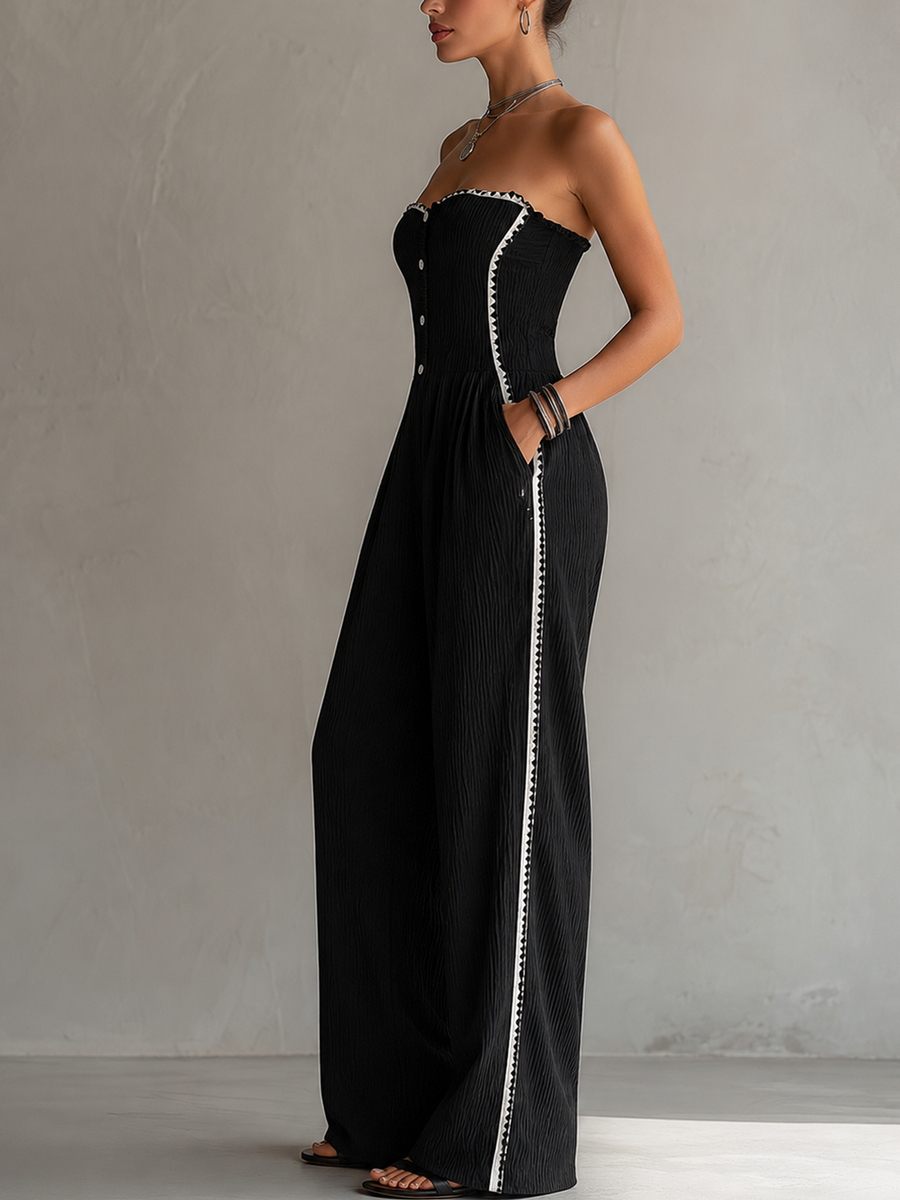 Black Textured Ribbon Trim Strapless Jumpsuit