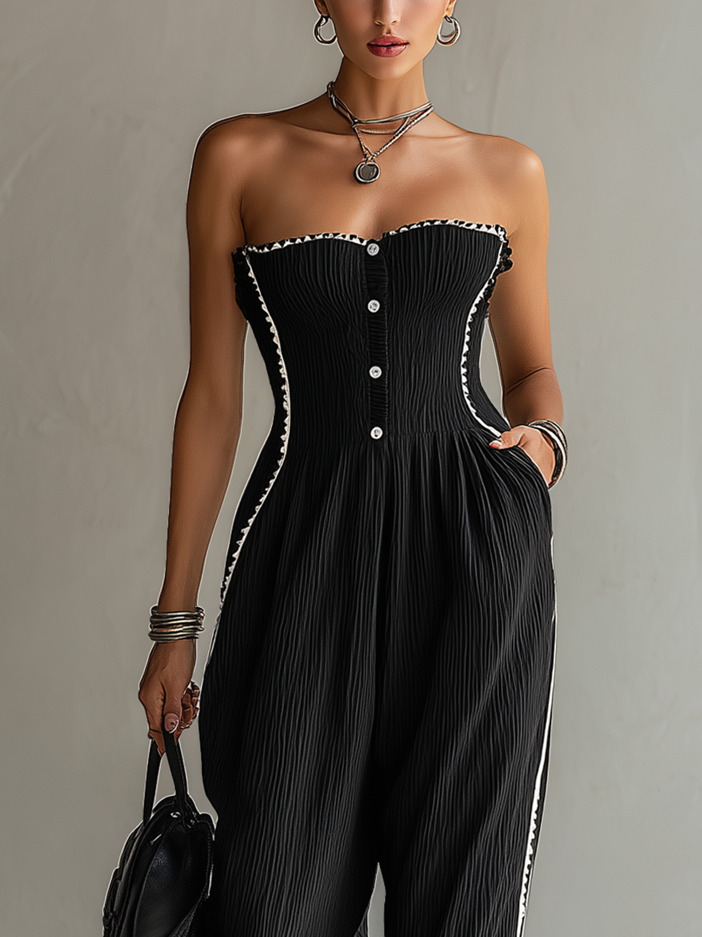 Black Textured Ribbon Trim Strapless Jumpsuit