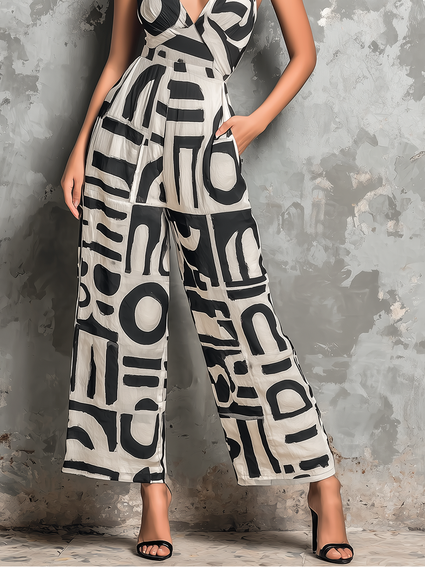 Abstract Geometric Print V-Neck Wide-Leg Jumpsuit