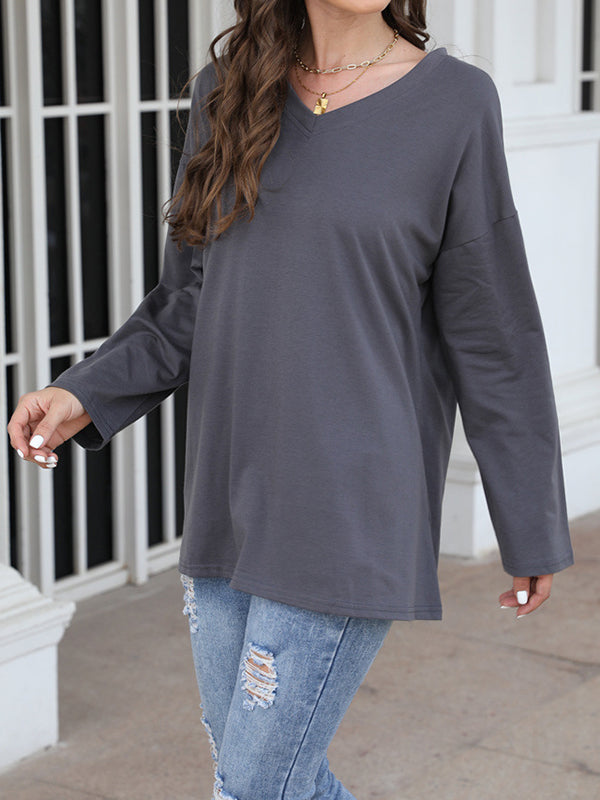 Long Sleeve Loose See-Through Solid Color Split-Joint V-Neck T-Shirts