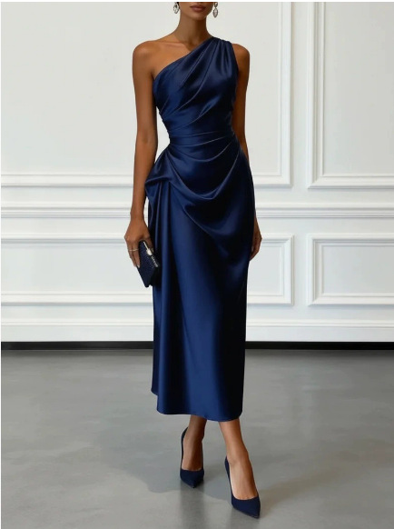 Champagne Satin One-shoulder Sleeveless Ruffled Midi Dress
