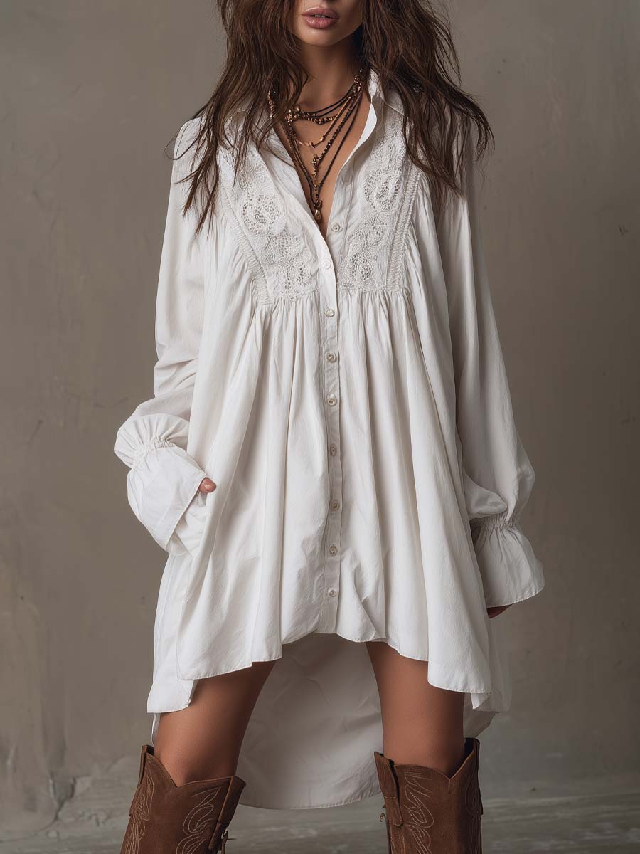 Retro Lace Irregular Hem Long Sleeve Mini Dress