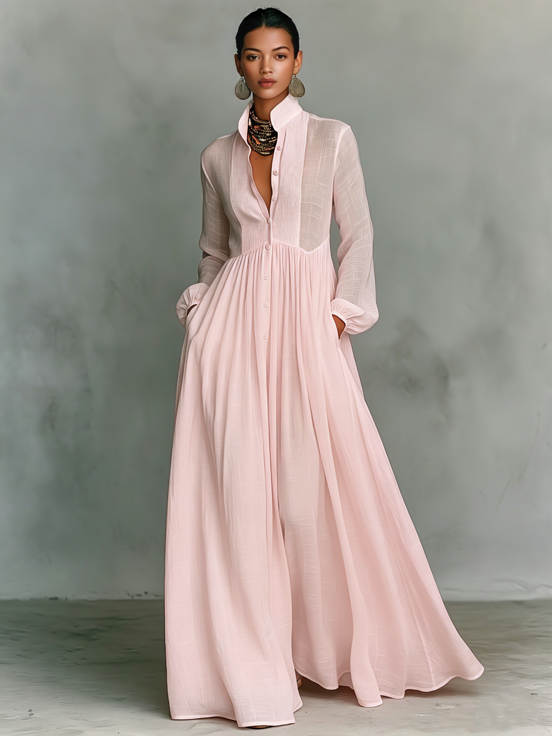 Women's Minimalist Cotton And Linen Patchwork Single-breasted Stand-up Collar Long-sleeved Maxi Dress MDA0658K6Y