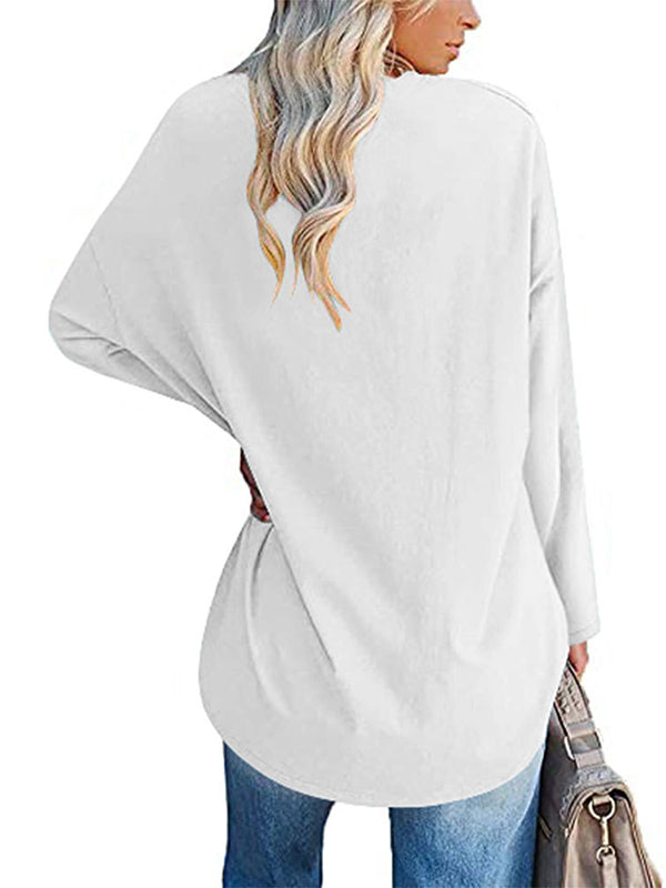Long Sleeve Loose See-Through Solid Color Split-Joint V-Neck T-Shirts