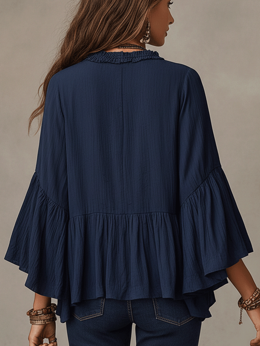 Effortless Deep Blue Ruffle Boho Blouse