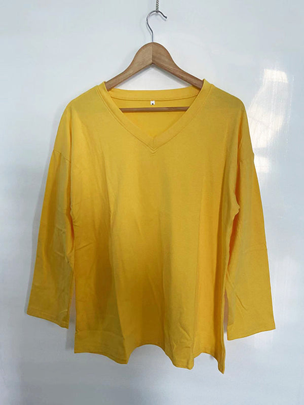 Long Sleeve Loose See-Through Solid Color Split-Joint V-Neck T-Shirts