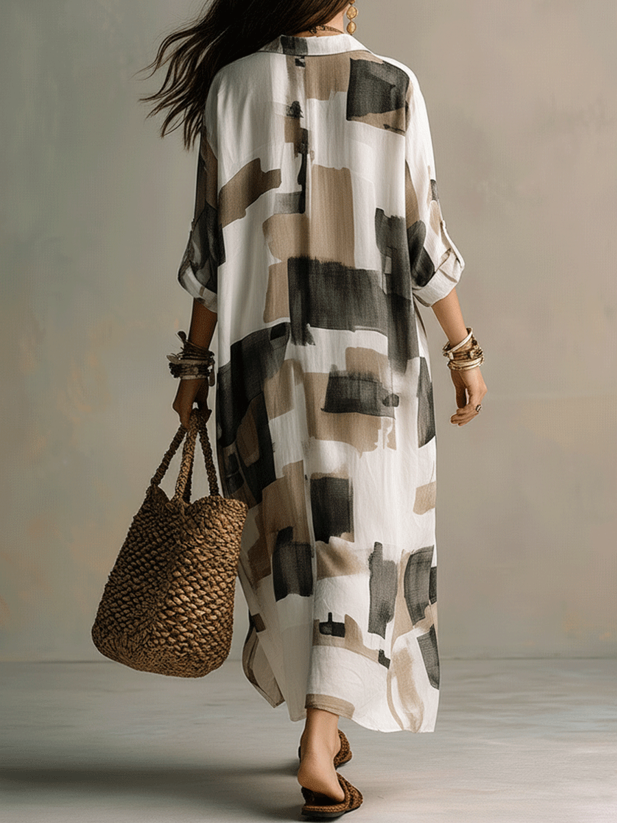 Boho Abstract Print Button-Front Relaxed Fit Maxi Dress