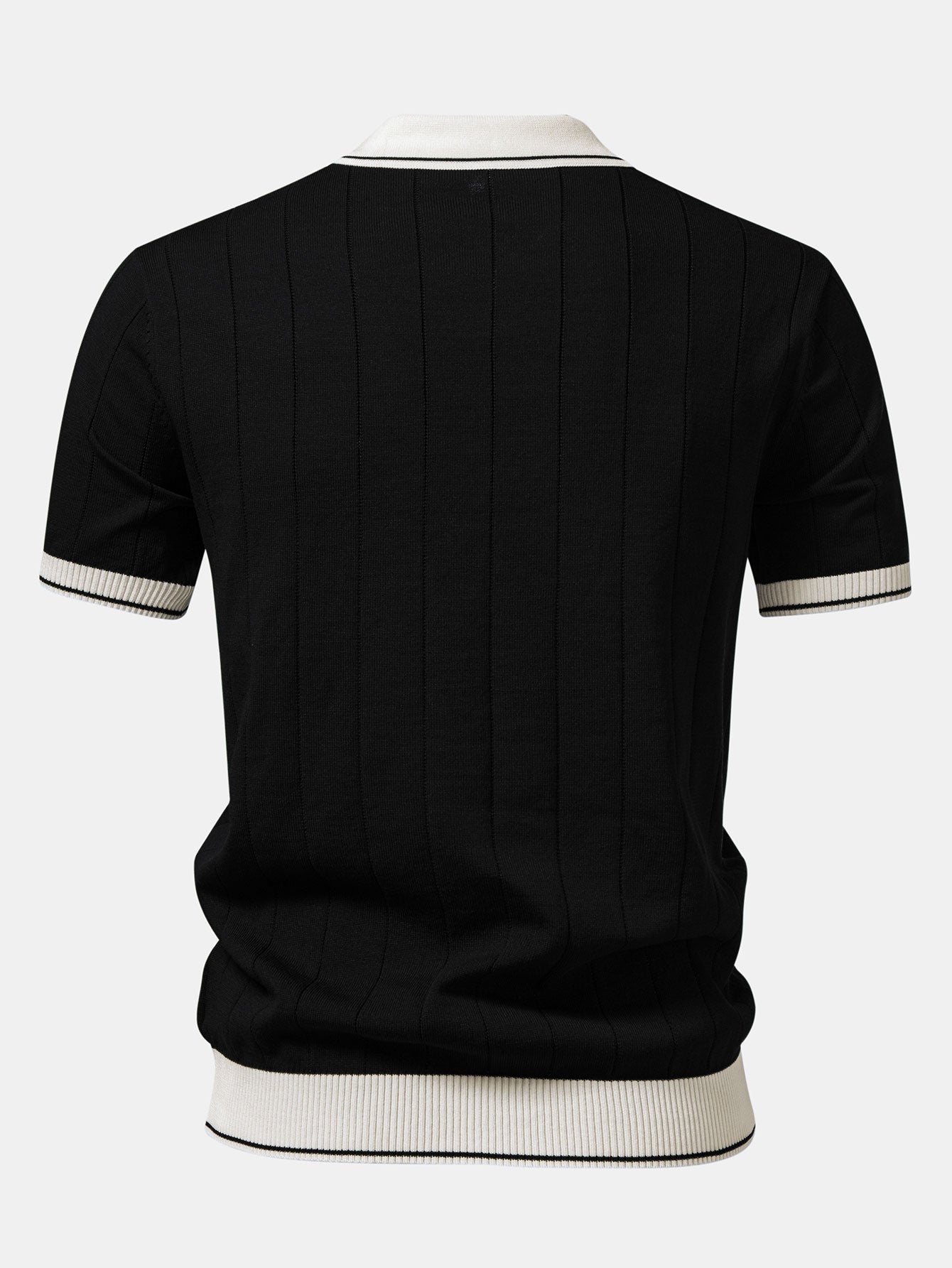 Contrast Trim Ribbed Johnny Collar Knit Polo & Elastic Waist Straight Leg Trousers