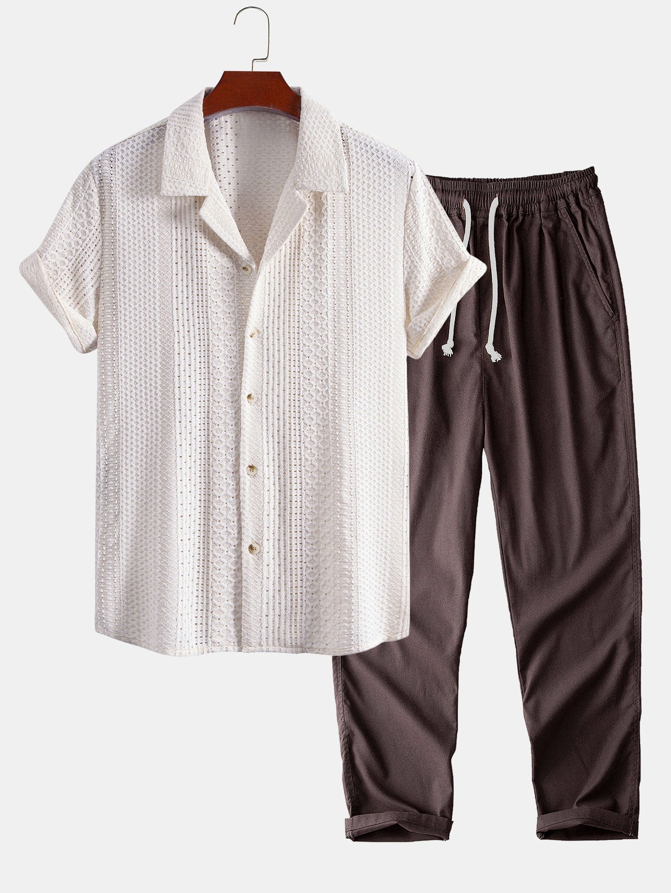 Geometric Jacquard Cuban Collar Shirt & Straight Leg Linen Pants