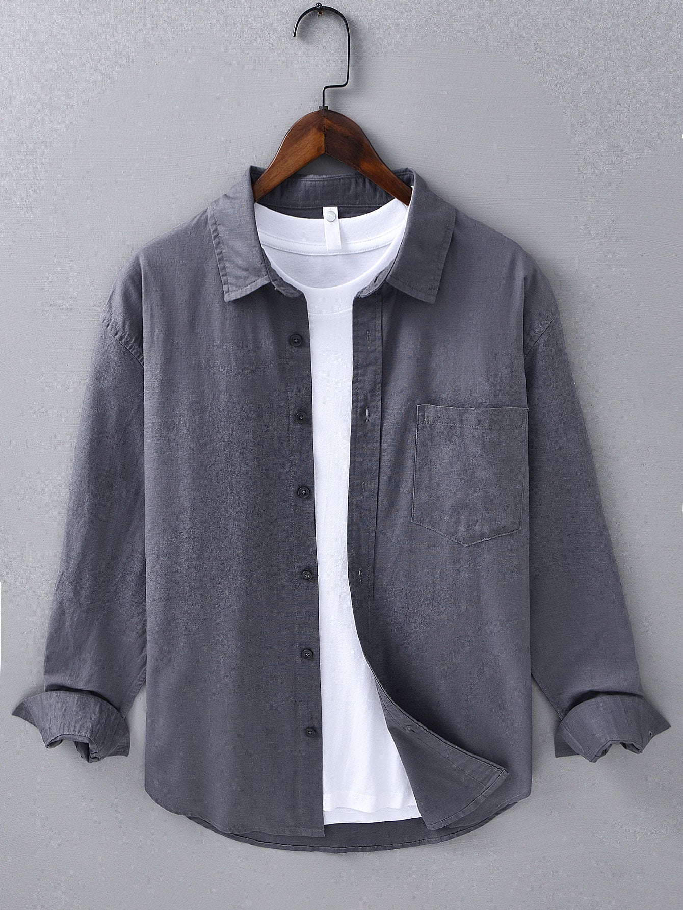 Long Sleeve Linen and Cotton Shirt with Pocket