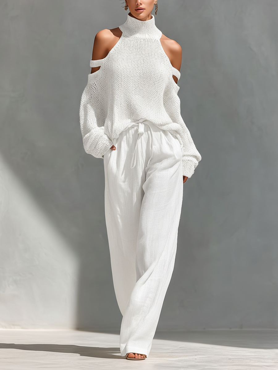 MARIA |  Knit Fabric Cold-Shoulder Turtleneck Top & Wide-Leg Pants Set