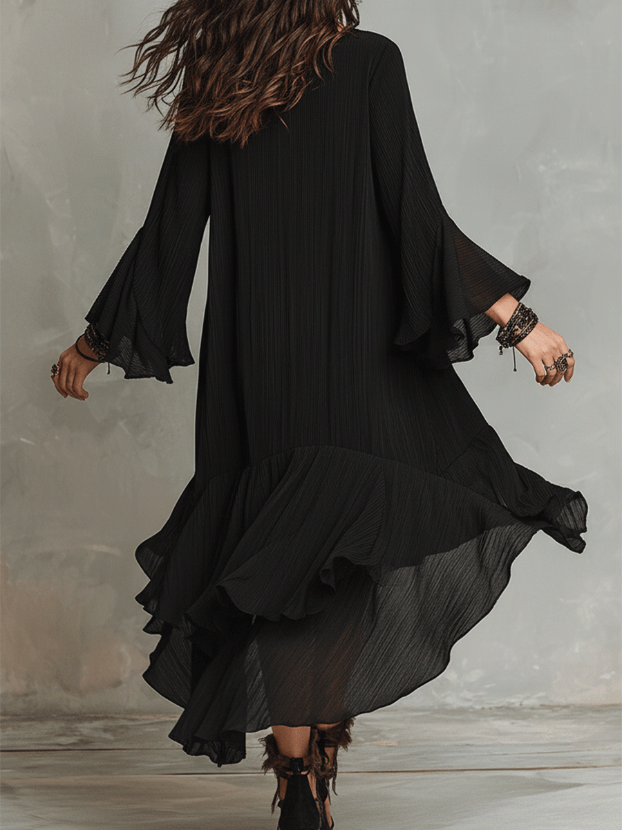 Elegant Asymmetric Ruffle Black Boho Midi Dress