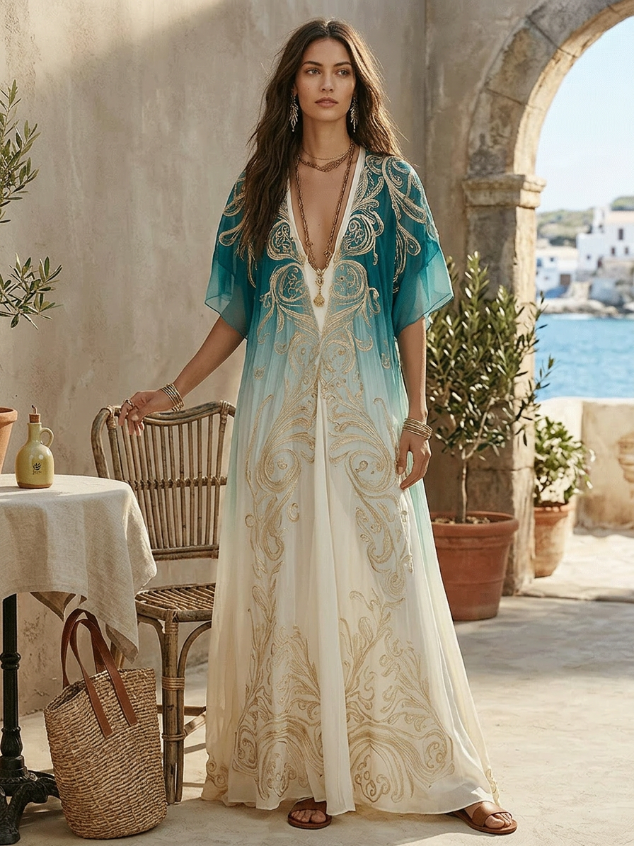 Elegant Coastal Breeze Aqua Ombre Kaftan Maxi Dress