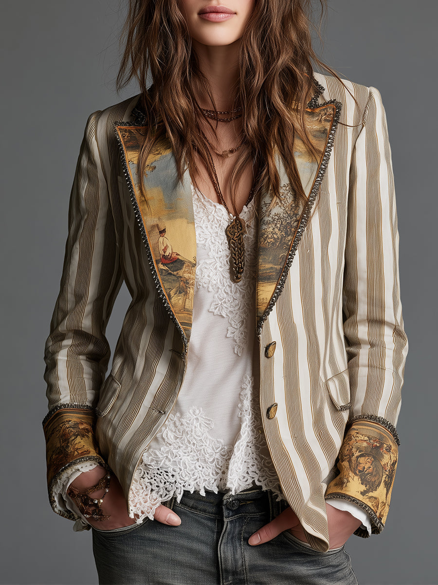 Bohemian Striped Cotton Blazer With Printed Lapels (Khaki Sold out!)