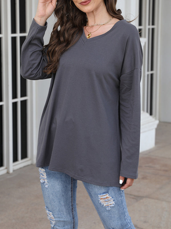 Long Sleeve Loose See-Through Solid Color Split-Joint V-Neck T-Shirts